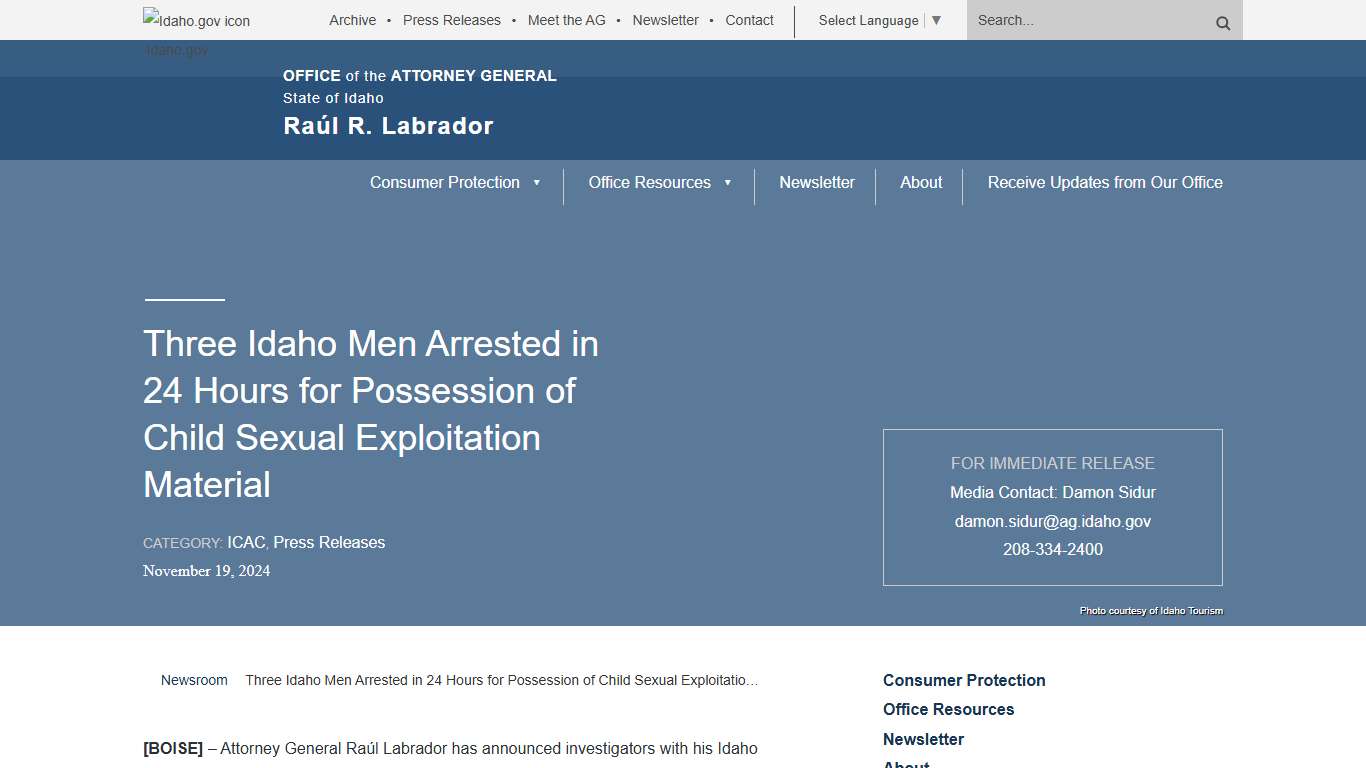 Three Idaho Men Arrested in 24 Hours for Possession of Child Sexual Exploitation Material - Idaho Office of Attorney General